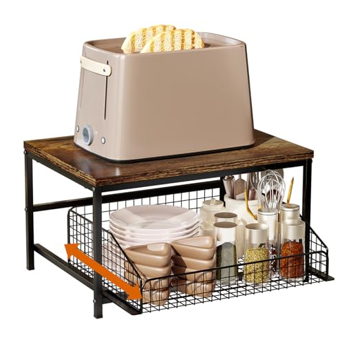 KLM Pull Out Spice Rack Organizer for Cabinet,Rustic Wood Top with Wire Basket...