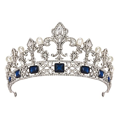 SWEETV Queen Tiaras and Crowns for Women, Wedding Tiara for Bride, Blue Crystal Princess Hair Accessories for Birthday Prom Quinceanera Pageant, Antique Silver