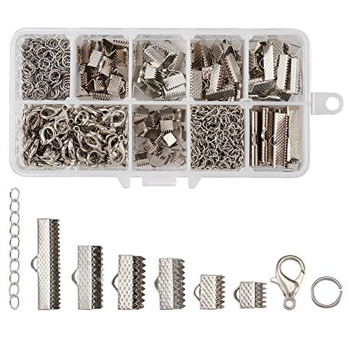 Pandahall 500pcs Iron Ribbon Ends Fastener Clasps Kit with Twist Extender Chains Stainless Steel Jump Rings and Alloy Lobster Claw Clasps