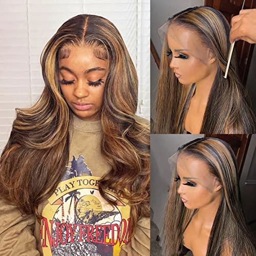 Ombre Lace Front Wig Human Hair Pre Plucked Bleached Knots 12" 13x1 Parting Hand Tied Lace Frontal Wigs with Baby Hair 150% Density Highlighted Brown Human Hair Wigs for Black Women