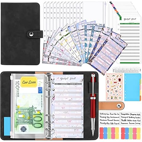 KTUEOV Budget Binder, 49 Pcs A6 Leather Ring Binder Set Money Organiser Binder with Clear Cash Envelope, Budget Sheets and Label Stickers, Savings Planner Binder Notebook for Work and Diary - Black Cover