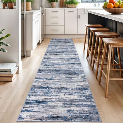 2.6x10 Navy Blue Gray Neutral Multi Modern Abstract Runner Rug for Hallways, Super Soft Hallway Decor Kitchen Rugs with Non-Slip, Non-Shedding Washable Rug for Entryway Bedroom Indoor