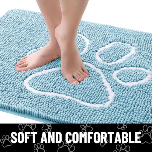 Image of Smiry Dog Door Mat for Muddy Paws, Absorbent Dirt Trapper Non Slip Quick Dry Washable Chenille Mat for Mud Dogs, Entry Rug for Indoor and Outdoor (48x30 Inches, Sky Blue and White)