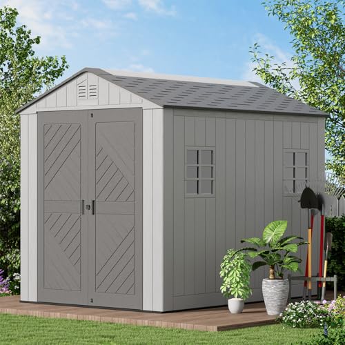 Image of KINYING 6x9 FT Outdoor Storage Shed with Floor,Resin Outdoor Garden Tool Shed with Windows,Lockable Weather Resistant Large Plastic Shed for Bike Storage,Lawn Mower,Pool Supplies