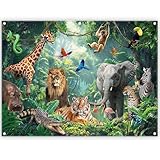 Picture of ZTHMOE Fabric 8x6ft Jungle Forest Animals Photography Backdrop Tropical Rainforest Safari Background Wild Party Decorations Kids Event Photo Banner Props