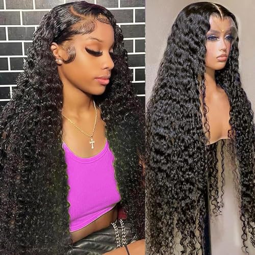 Image of SOEZ 26 Inch Deep Wave Lace Front Wigs Human Hair 13x4 HD Lace Front Wigs Human Hair Pre Plucked Wet Wavy Curly Human Hair Wig 180% Density Water Wave Glueless Frontal Wig with Baby Hair For Women
