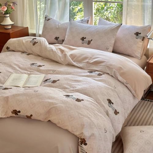 Image of Dachshund Duvet Cover Full Size Brown Dog Puppy White Pink Heart Reversible Comforter Cover Set 3 Pcs Kids Cute Soft Lightweight Microfiber Bedding Set with Zipper Closure and 2 Pillowcases