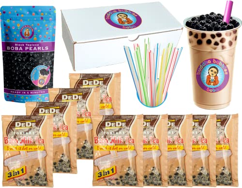 MILK TEA DeDe Instant Boba Tea Kit 9 Milk Tea Latte Drink Packets, Fat Straws & Boba Kit Gift Box
