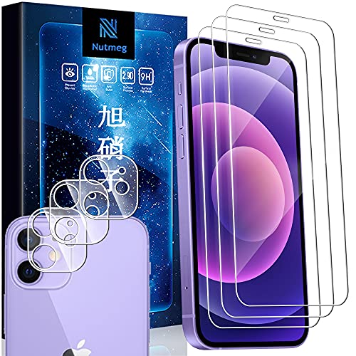 For iPhone 12 Mini ガラスフィルム 3枚+レンズフィルム3枚 表面硬度 9H3D Touch対応 フィルム耐衝撃液晶保護 耐久性 iPhone 12 mini 液晶保護フィルム 3D曲面加工 HD 撥油性 疎水性 指紋防止 飛散防止 高透過 nutmeg