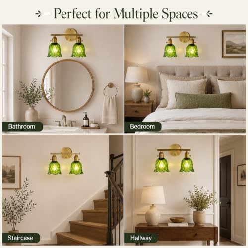 Image of 2-Light Hardwired Wall Sconces Set of Two, 14.17 inch Gold Bathroom Sconces with Clear Green Glass, Vintage Sconces Wall Decor Set of 2 Wall Light fixtures for Bathroom Mirror Living Room Hallway Bedroom