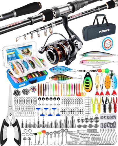 PLUSINNO Fishing Gear - Telescopic Fishing Rod and Reel Combo with Tackle Box Collapsible Rod and Lures Box Travel Fish Pole Starter Kit Fishing Accessories Tackle Lure Kit Gifts for Men Bass Trout