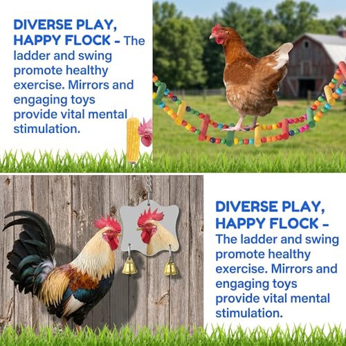Image of Little World Chicken Toys Complete Set of 12 - All-in-One Chicken Coop Accessories with Xylophone, Swing, Chicken Mirror, Ladder, Vegetable String Bag & Hanging Feeder Coop Toy for Happy Hens