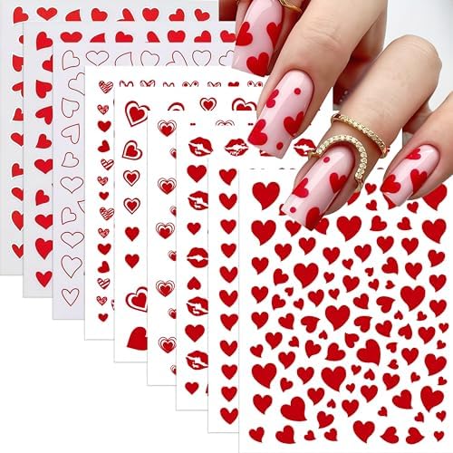 9 Sheets Heart Nail Art Stickers Valentines Nail Decals Self-Adhe...