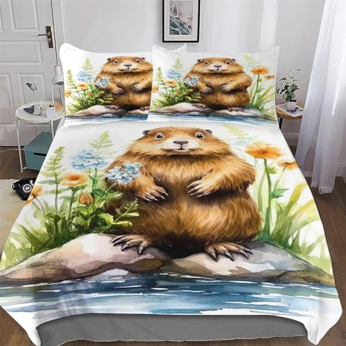 Beaver Duvet Cover Set, Bedding Linen Set, Soft Comforter Cover 3 Pieces, Quilt Cover with Pillowcase for Kids Adult King(220x240cm)