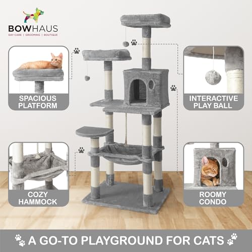 Image of BOWHAUS Tall Cat Tree for Indoor Large Cats or Kittens, Multi-Level Cat Activity Tree with Scratching Posts, Hammock, Cat Cave Condo, Modern Cute Small Cat Climbing Tower with Widened Perch