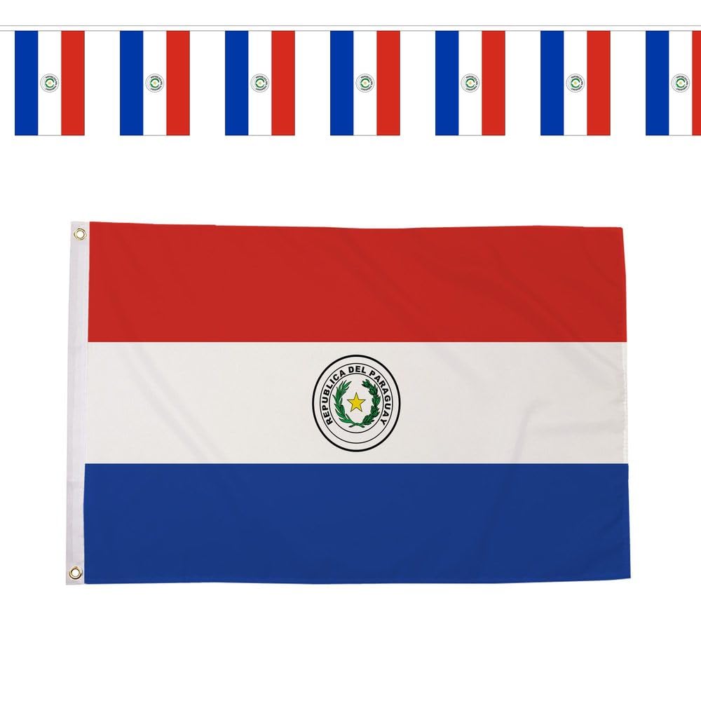 Flagtex Paraguay La Albirroja World Cup 2026 Large Team Bundle Includes 8ft x 5ft Premium Polyester Flag and 9m Rectangle Bunting Football Fan Pack Indoor Outdoor Decoration