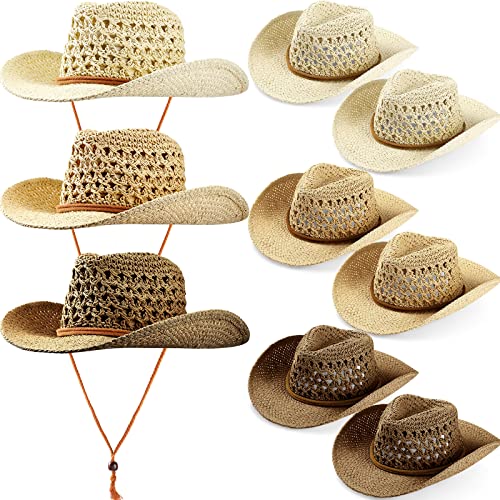 Newcotte 9 Pack Straw Cowboy Hats for Women Western Cowgirl Beach Sun Hat Bulk with Windproof Rope for Party Travel(Khaki Beige Coffee)