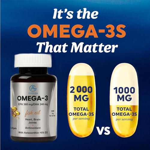 Image of Omega 3 Fish Oil 2000mg | 3X Triple Strength Softgels with EPA & DHA + Astaxanthin & Vitamin D3 | Heart, Brain, Eye & Joint Health | Burpless | 60 Softgel