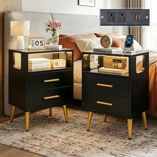 Eifizek LED Nightstand Set of 2 Modern End Table with Charging Station Night Stand Set 2 with 2 Storage Drawers&Shelf High Gloss Bedside Table with Gold Metal Legs for Bedroom/Living Room Black