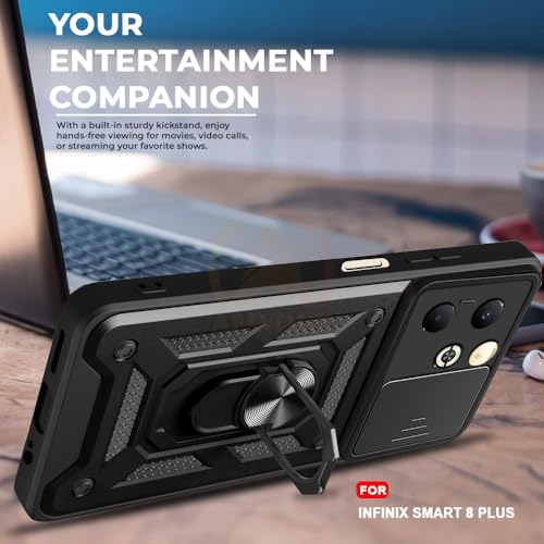 Image of Armor Bumper Back Cover Case for Infinix Smart 8 Plus Rotating Camera Cover, Ring Holder & Kickstand | Heavy Duty & 360 Degree Protection Infinix Smart 8 Plus Back Cover (Black)