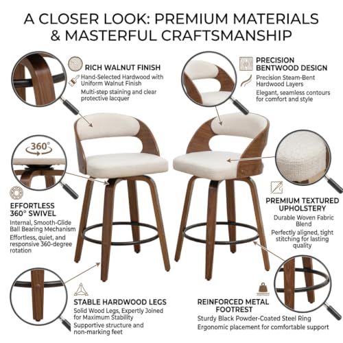 Image of AQG Swivel Bar stools Set of 1 Bar Chairs 30 inch Counter Height Mid-Century Modern Bentwood Barstool Faux Linen Upholstered Bar Chair with Back and Footrest, for Bar, Cafe, Dining, Kitchen Island, Beige