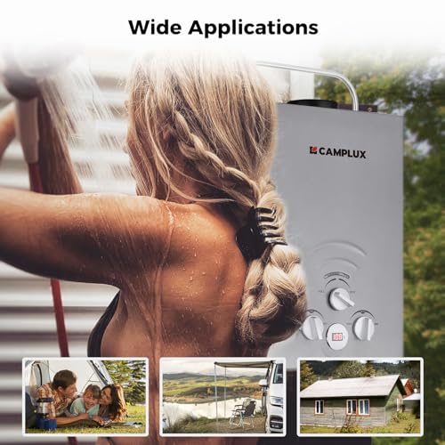 Image of CAMPLUX Portable Tankless Water Heater 1.58 GPM, BW158G Propane Gas Shower for Camping, RV, Pet Washing, 41,000 BTU Outdoor Hot Water System, Battery Operated, Gray