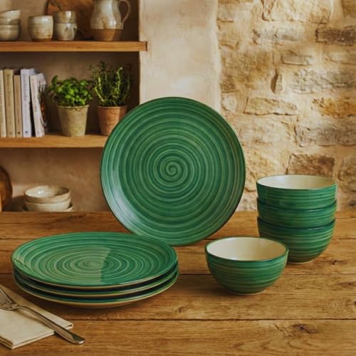Image of Freakway Hand-Painted 'Sea Swirls' Dinner Set Ceramic Stoneware Dinner Set of 8 Pieces | 4 Ceramic Dinner Plate and 4 Bowl /katori | Bone Ash Free | Microwave and Dishwasher Safe - Green