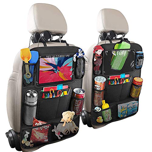 AXIYIBZICar Backseat Organizer with Tablet Holder,3 Storage Pockets Car Storage Organizer with Foldable Food Tray,Car Seat Back Protectors Kick Mats Travel Accessories-Black