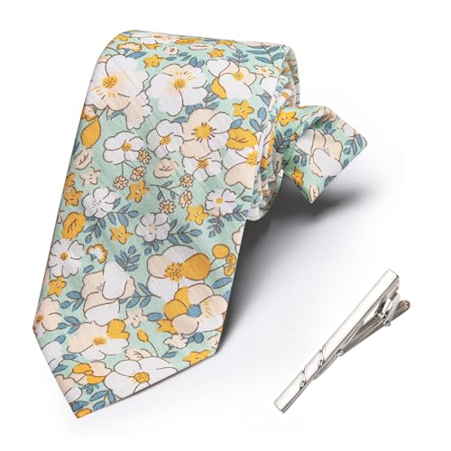 Image of Barry.Wang 100% Cotton Floral Ties for Men 63 inch Extra Long Necktie Clip