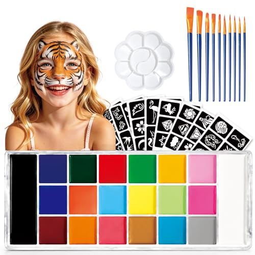 Oiomniv Kinderschminke Set Gesichtsfarben Bodypainting 20 Farben Wasserbasis kinderschminken Theaterschminke Waschbar mit 10 Pinsel 51 Aufkleber 1 Palette Körperfarben für Halloween Karneval Partys