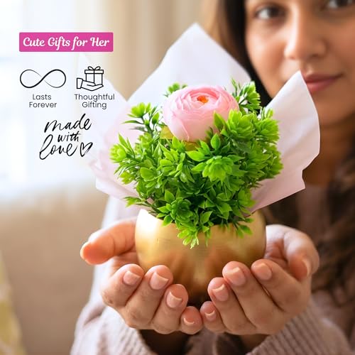 Image of Bombay Greens Gold Metal Pot with Flower Plant | Decorative Indoor Tabletop Flower Pot | Mini Faux Plant for Home & Office Decor | Living Room, Bedroom & Desk Decoration | Gift Item