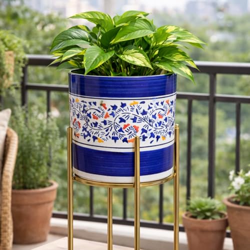 Image of Niyara Designer Ceramic planters pots for Indoor Outdoor Home, Garden Office Decor Balcony Planters Gamla Flower Size- Large, 8 inches (Blue Floral Print)
