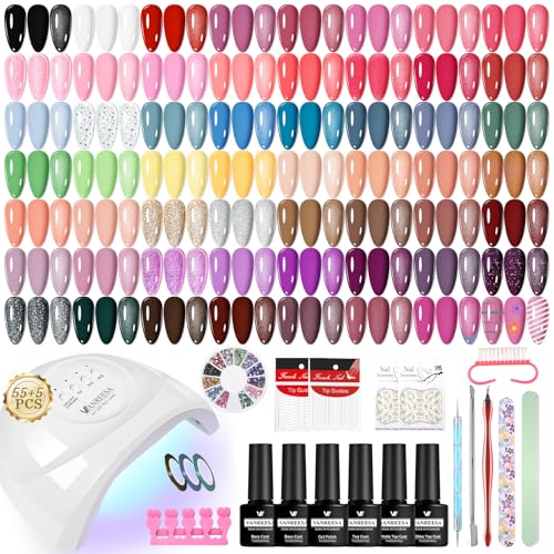 VANREESA 55 Couleurs 77 PCS Kit Verni Semi Permanent, Kit Ongle Gel U V Complet avec Top Base Mat Pailleté Coat et Lampe LED 48W U V et Outils de Manucure, Kit Manucure pour Débutants