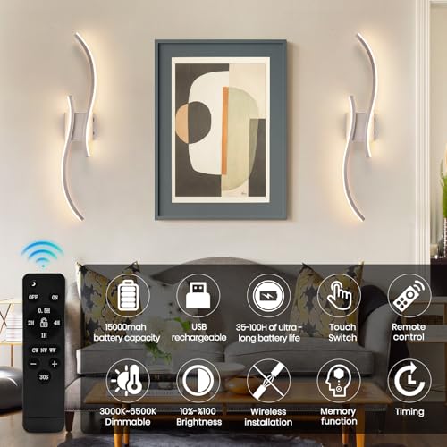 Image of Battery Operated Wall Sconces Set of 2, Rechargeable Dimmable Battery Wall Light with Remote Control, Brushed Nickel LED Wireless Wall Light for Living Room Bedroom Hallway，31.5inch (Brushed Nickel)