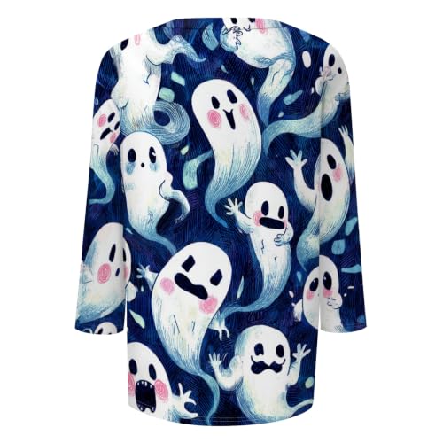 Image of Women Spooky Halloween Graphic Shirt 3 /4 Length Sleeve Crewneck Top | Halloween Funny Printed Pumpkin Plus Size Tshirts 2026 Fall Outfits Skeleton Tee Going Out Tops