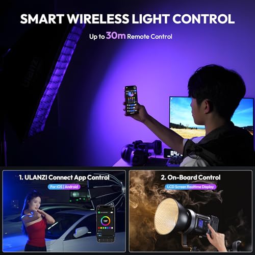 Image of ULANZI RGB Video Light - 120W COB LED Video Light Photography Continuous Output Lighting with Adapter and APP Control, 2700K-6500K 27000lux /m 20 Scenes Bowens Mount for Studio Video Recording, Filming