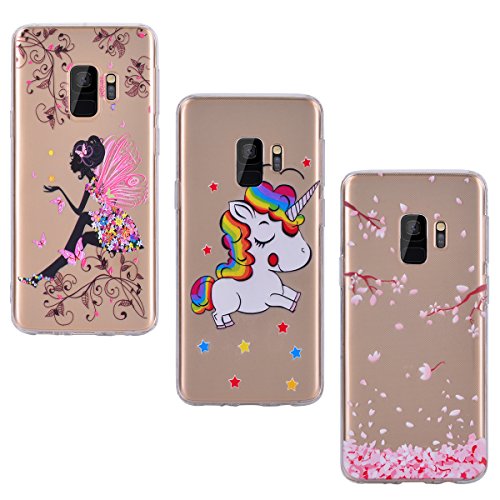 Preisvergleich Produktbild Yokata Kompatibel für Samsung Galaxy S9 Hülle Silikon Transparent Durchsichtig Handyhülle Schutzhülle TPU Dünn Slim Kratzfest mit Motiv [3 Packs] - Schmetterlings-Mädchen + Einhorn + Sakura