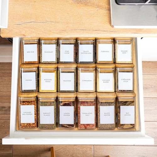 Image of VILON Glass Jars Set, Square Spice Jars With Bamboo Lids And Labels, 8Oz(230ml) 12 Piece Small Food Storage Containers For Home Kitchen, Spice, Herbs, Seasoning, Seed, Tea, Sugar, Salt,Clear