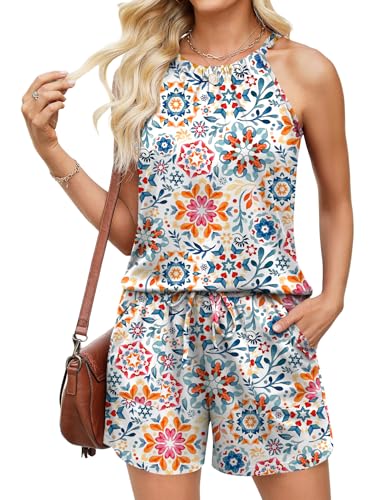 Image of Rapbin 2 Piece Short Sets for Women Casual Vacation Summer Outfits Sleeveless Halter Tops Loose Fit