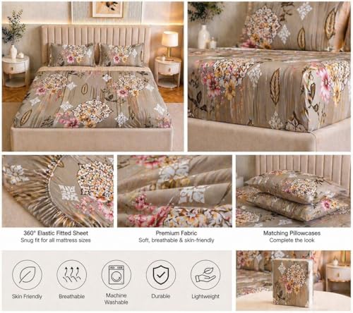 Image of Castiqa Elastic Fitted Supersoft Premium Polycotton 200TC King Size Bedsheets with 2 Pillow Covers (Fits Upto Mattress of 8Inches) (Camel, Full 72x78x8Inch)