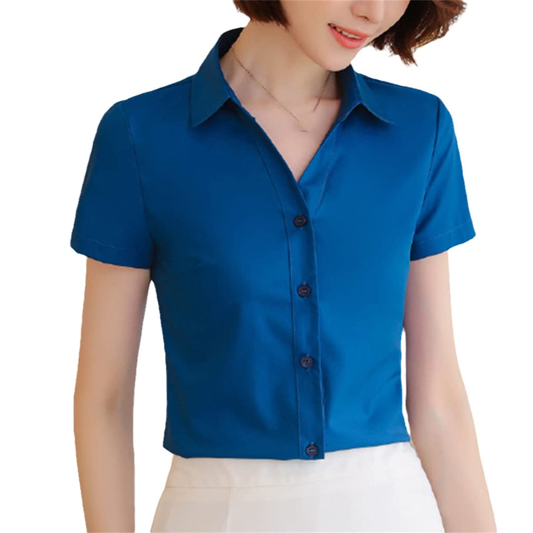 Oficina señoras Trabajo Formal Camisa Mujer Manga Corta Verano Cuello en V Slim Negocios Formal Gasa Blusas Blue XL