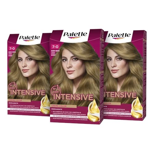 Palette Intensive Creme Color 7-0 Rubio Medio, tinte de pelo permanente con aceite de macadamia y almendras, cubre el 100% de las canas y raíces, para un color radiante, Pack 3