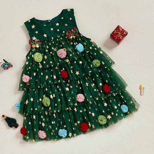 Toddler Baby Girl Christmas Dress Outfit Shiny Star Bell Sleeveless Layered Tulle Tutu A-line Dress Princess Clothes3