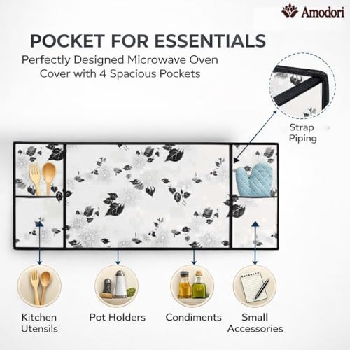 Image of Microwave Oven Top Cover 35x100 cm | Wipe Clean Fabric | 4 Utility Pockets (Floral-20)