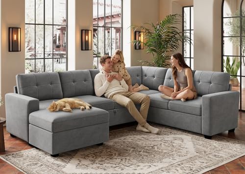 Image of HONBAY 106.2 Inch U-Shaped Sectional Sleeper Sofa with Pull-Out Bed & Storage Ottoman, 7-Seater Sectional Sofa for Living Room, Pet-Resistant Fabric Couch, Grey