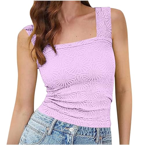 Dyhxuan Camiseta sin mangas para mujer, jacquard, recortada, con tirantes anchos, corte ajustado, parte superior de verano, cuello cuadrado, blusa ligera, transpirable, camiseta de verano, camiseta de