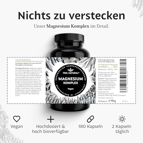 Magnesium Komplex – 180 Kapseln mit 400mg elementarem Magnesium pro Tagesdosis – aus 4 hochwertigen Verbindungen: -Oxid, Citrat, Bisglycinat & -Malat – hochdosiert