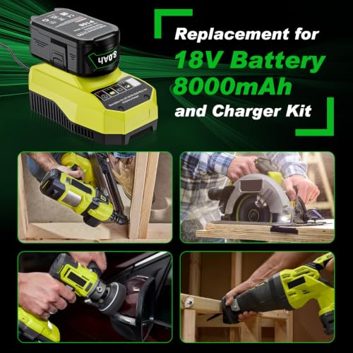 Image of 2-Pack 8.0Ah Replacement for Ryobi 18V Battery and Charger Compatible with Ryobi 18 Volt Lithium Battery Charger P117 and Batteries P108 P102 P103 P104 P105 P107 P109 P122 Cordless Power Tools