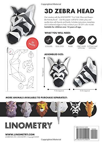 Linometry - 3D Zebra Paper Model: A cut, fold, and glue paper model activity book. Build a low-poly animal head model with this DIY, 3D, origami ... ASSEMBLED SIZE APPROX 13 X 12.5 inches - Image 2