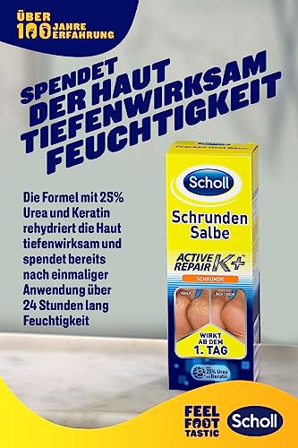 Scholl Schrundensalbe Active Repair K+ gegen Hautschäden an rauen, trockenen & rissigen Fersen - mit 25% Urea & Keratin – wirkt ab dem ersten Tag - 1 x 60 ml Fußcreme